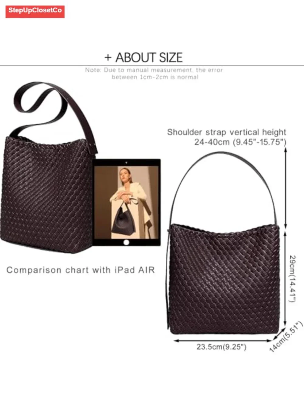 Woven Vegan Leather Tote Bag for Women, Hobo Style, Adjustable Shoulder Strap,